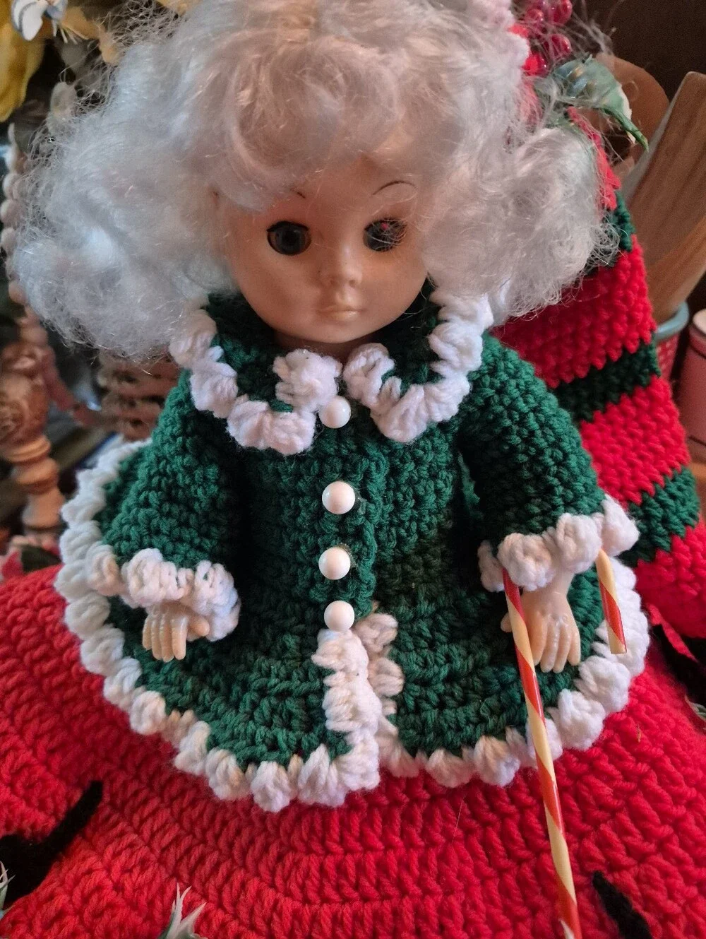Vintage Christmas Pointsettia Large Crocheted Doll Full Size W/Moveable Limbs